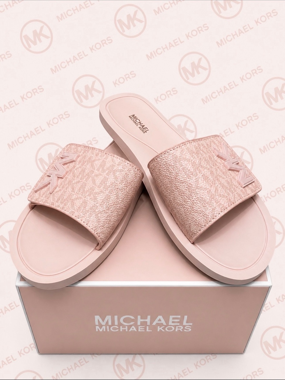 Michael Kors Blush Pink Glitter MK Slide Sandals - Picture 2 of 3